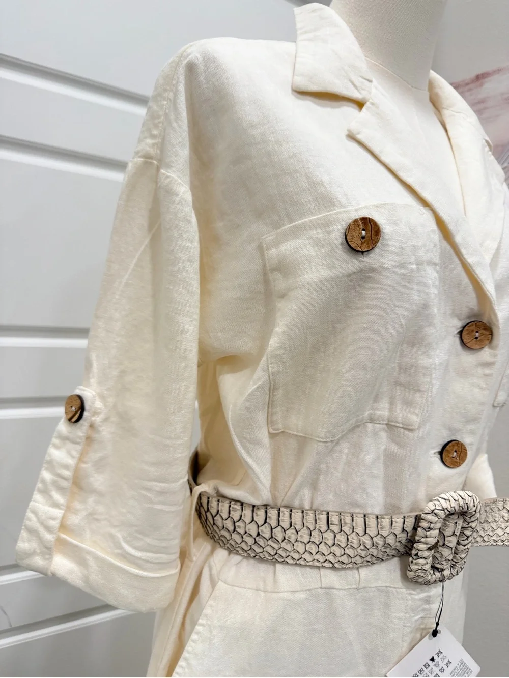 Zara Cream Linen- Blend Utility Jumpsuit with Statement Belt